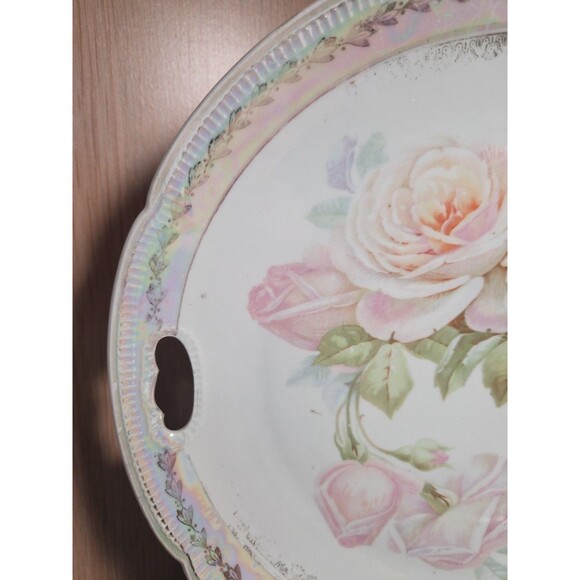 Antique Cabbage Rose on Green Luster Molded Double Handle German Porcelain Plate - Picture 9 of 11